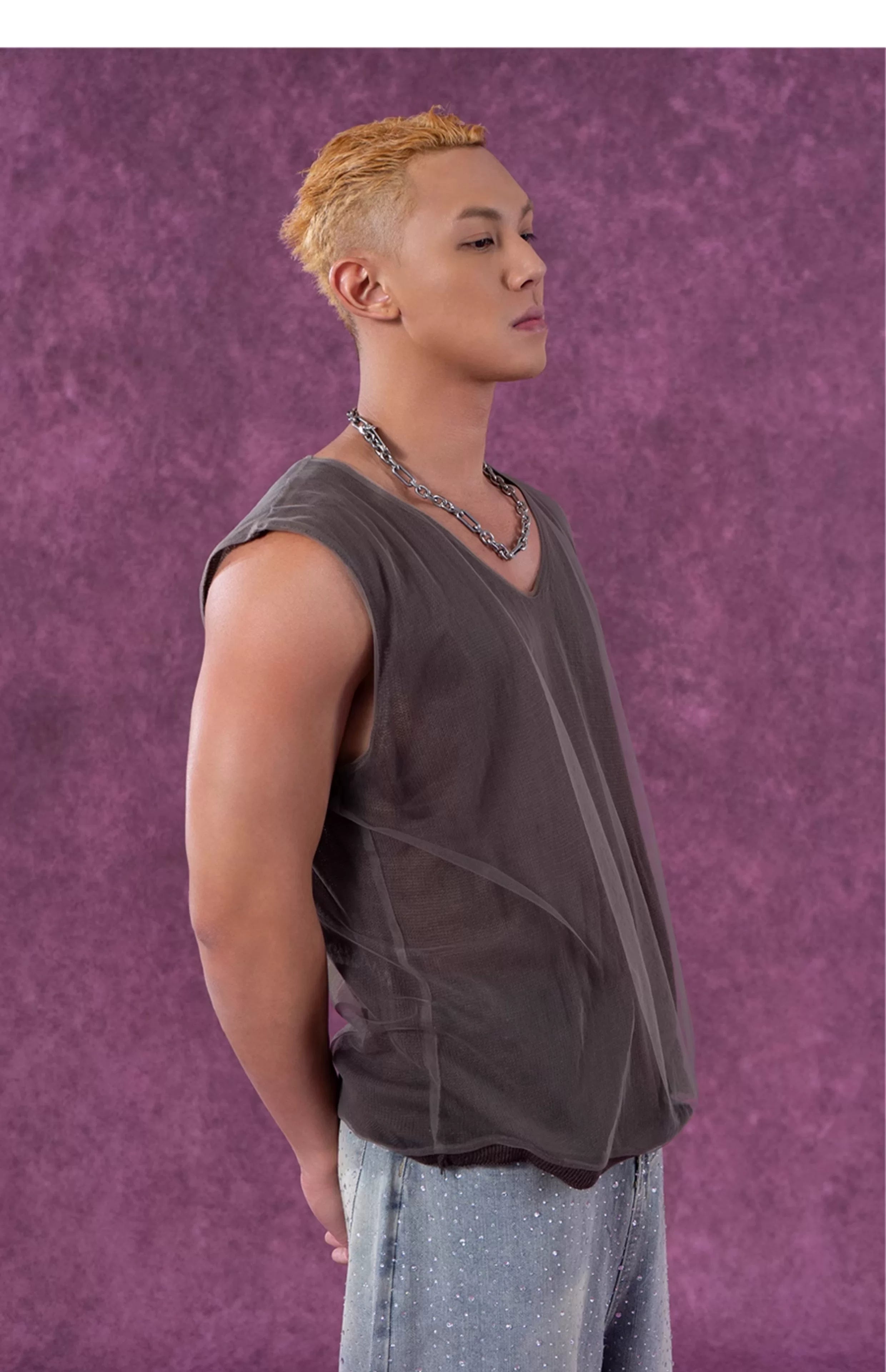 Ash Beige Double V-Neck Knit-Mesh Vest