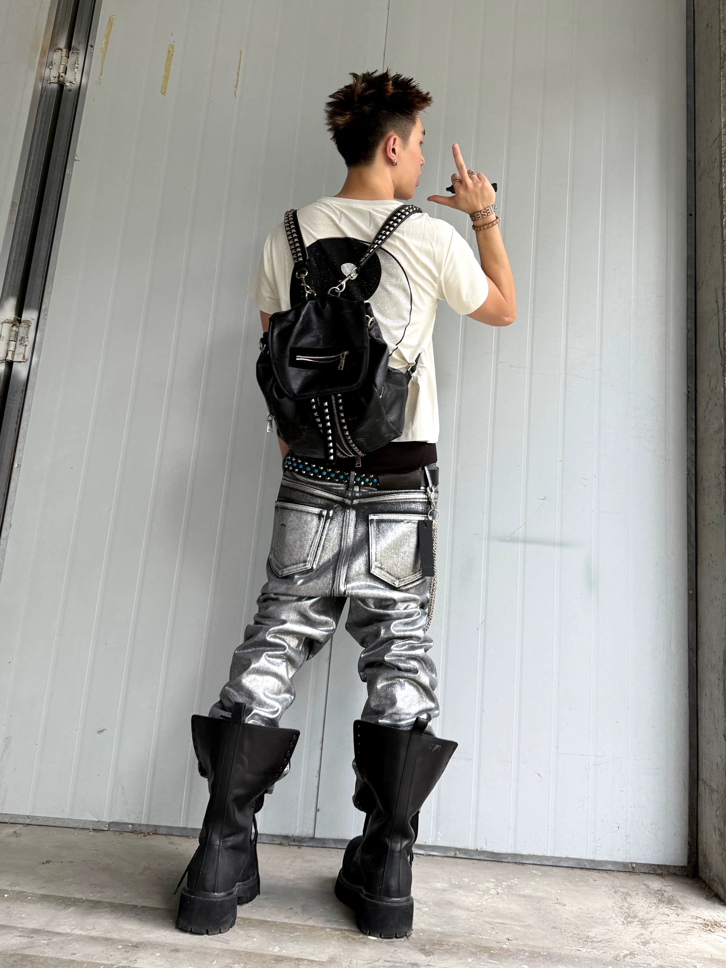 Distressed Silver Coated Embroidered Flared Jeans
