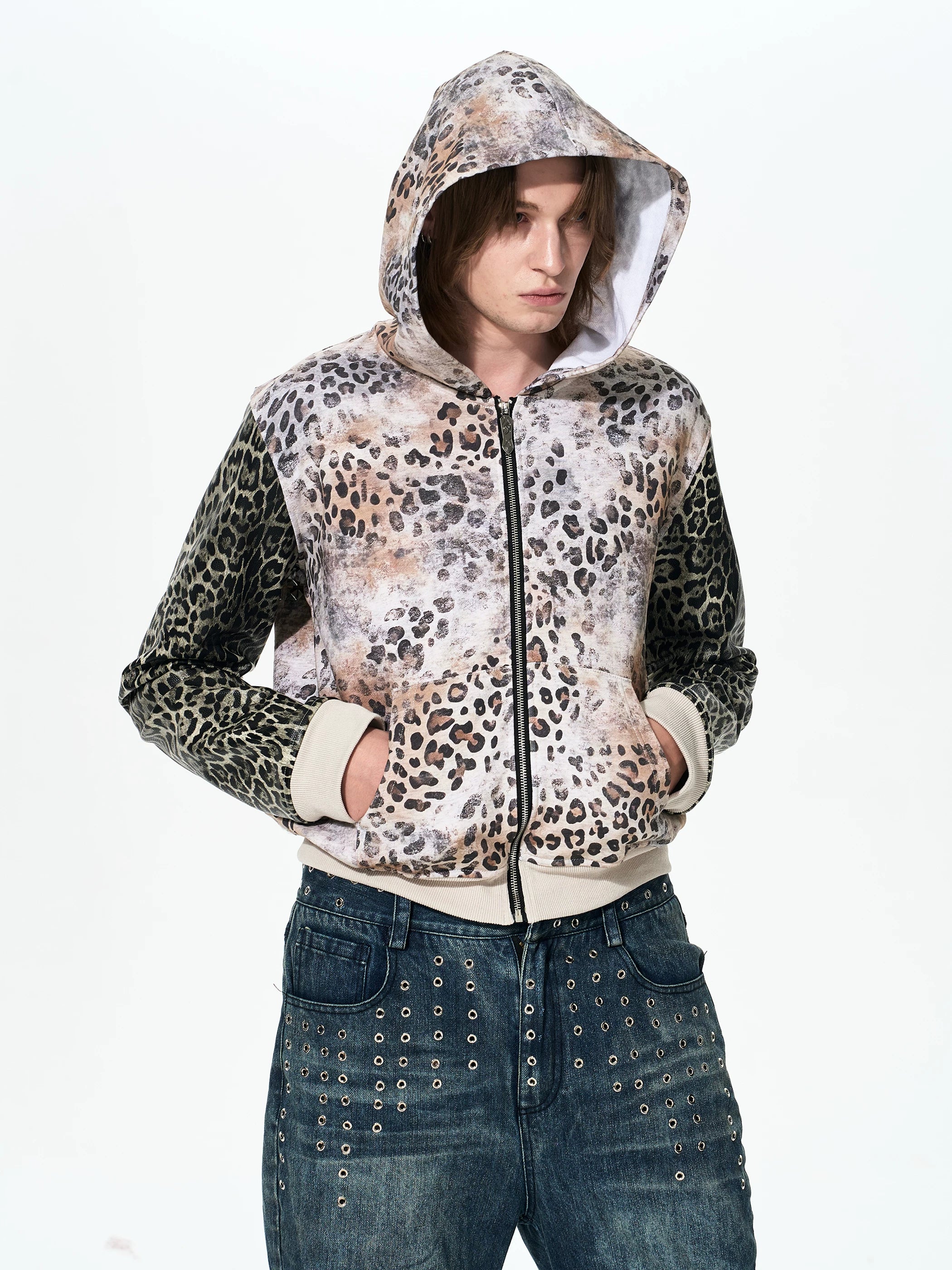 Leopard Patchwork Hooded Rivet Jacket