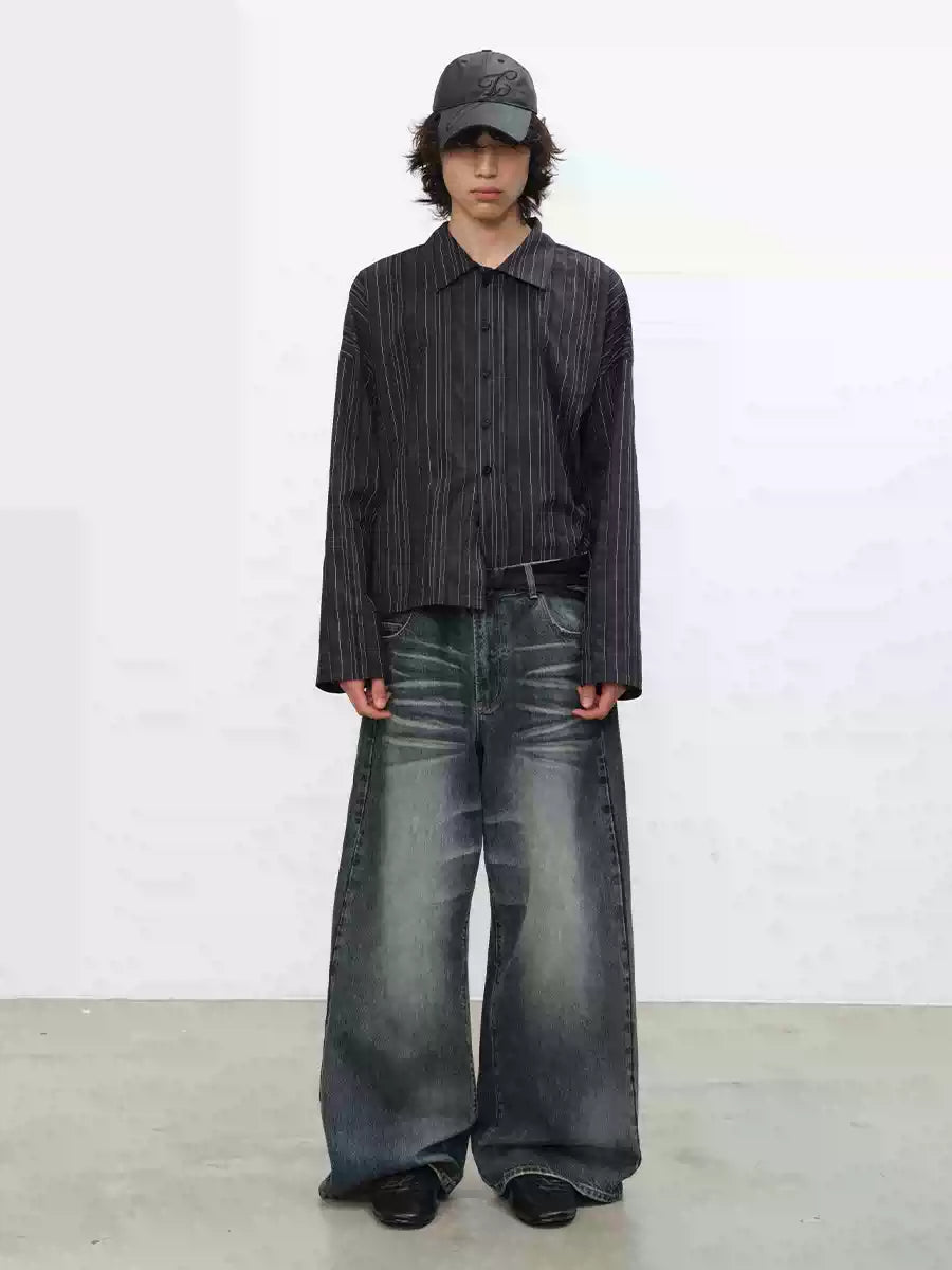 Blue Gray Washed Straight Loose Jeans