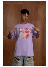 Oversized Embroidered Purple Heart Skeleton Tee