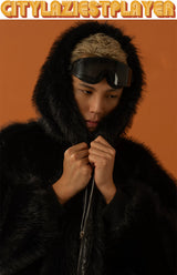 Black Red Hooded Faux Fur Coat