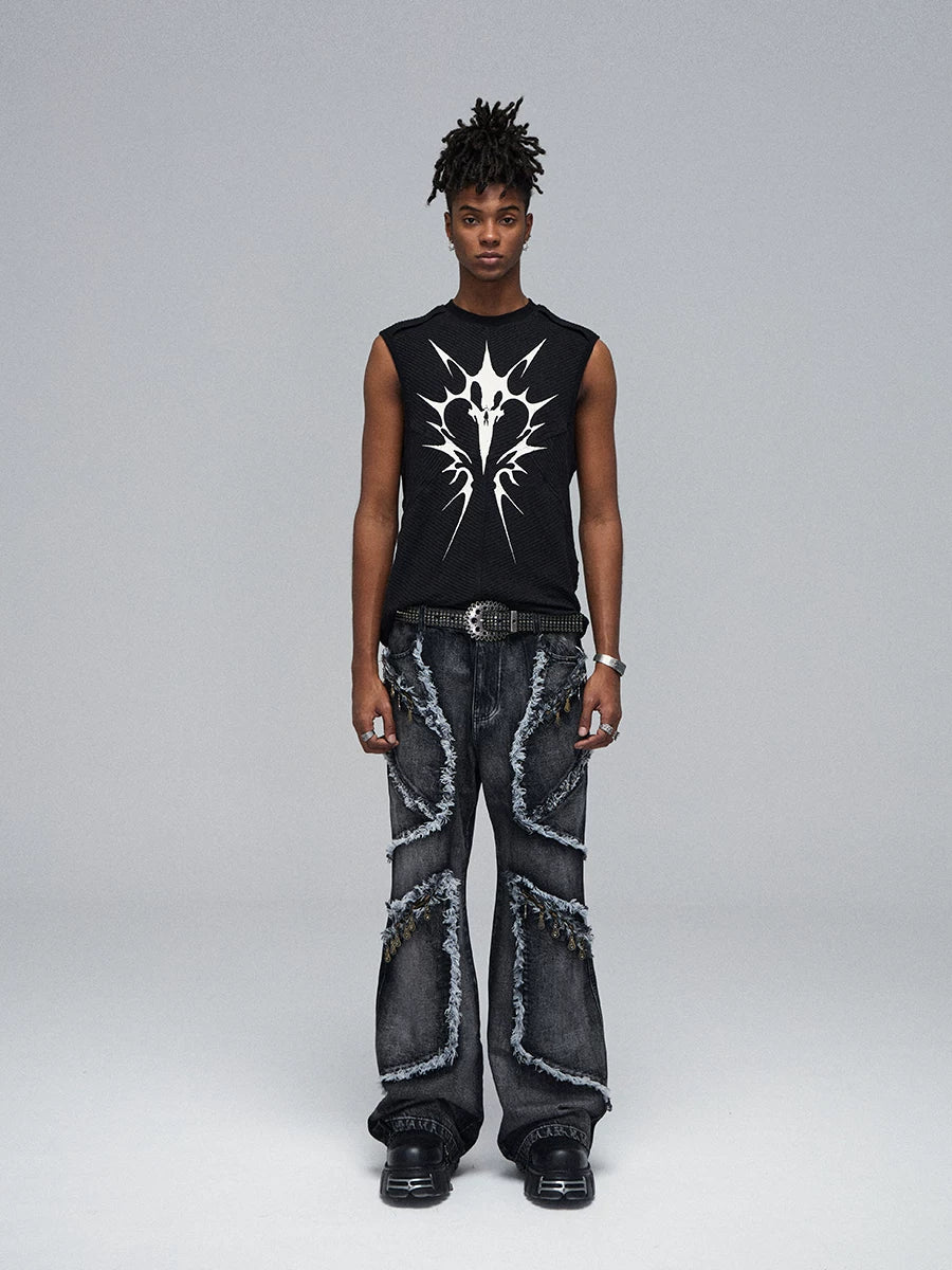 Stretchy Black Printed Ribbed Tank Top