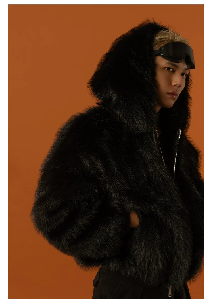 Black Red Hooded Faux Fur Coat