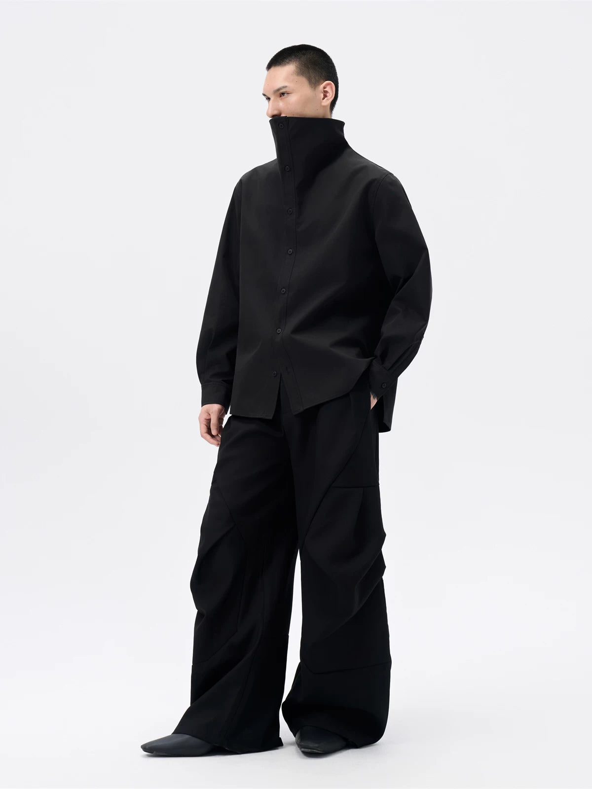 Black Oversized Stand Collar Shirt Jacket