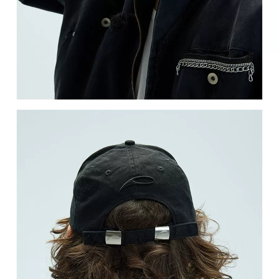 Long Brim Red Embroidered Distressed Cap