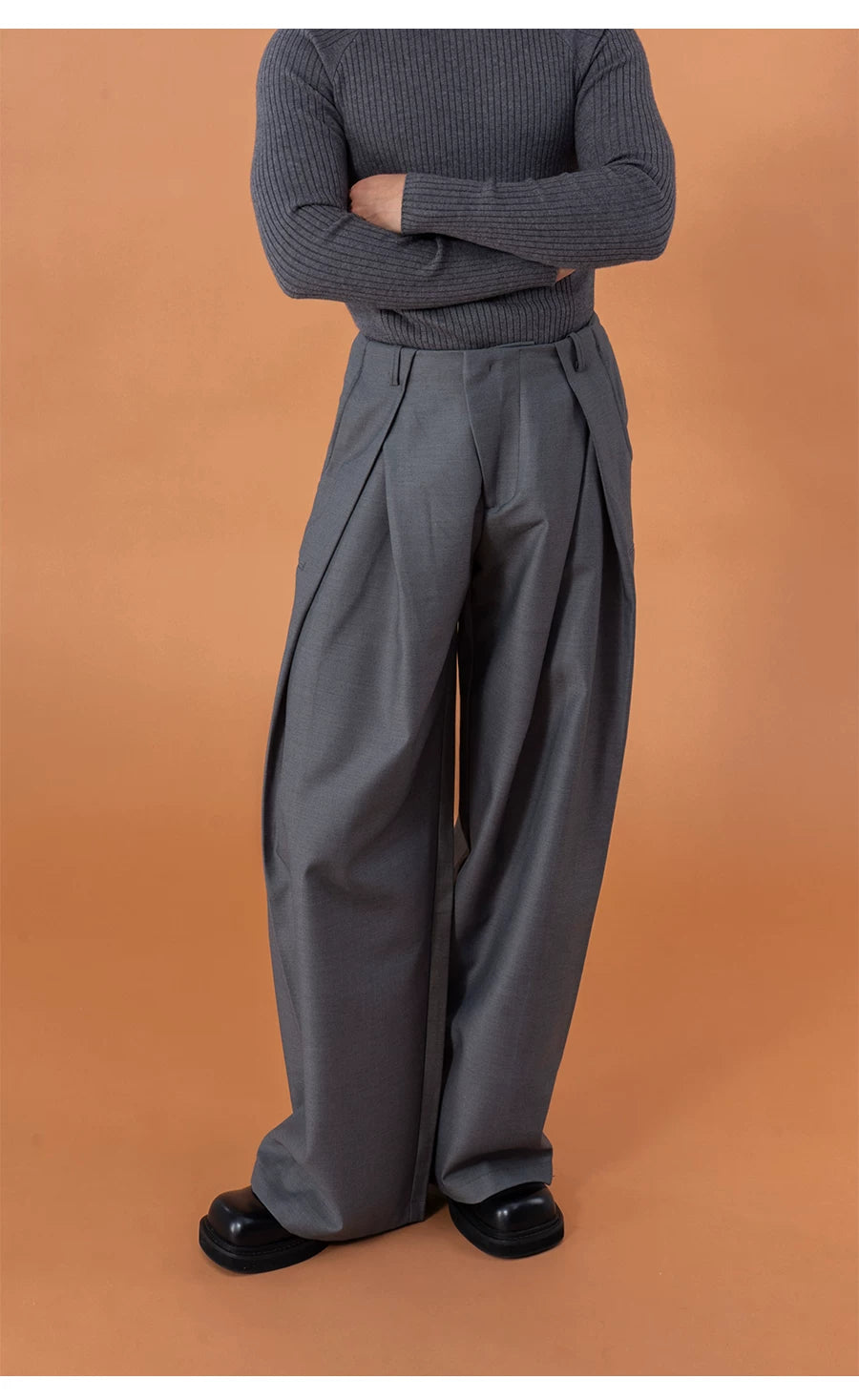 Charcoal Pleated Wide Leg Casual Pants