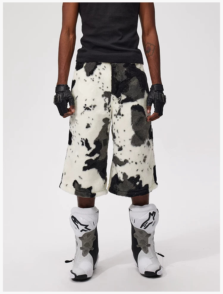 Cropped Cow Print Faux Fur Shorts