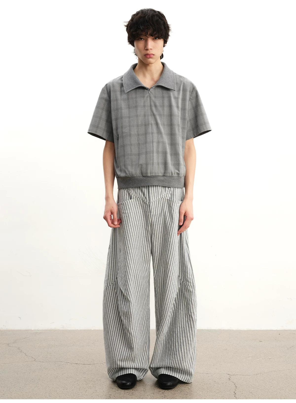 Striped Pleated Curved Hem Pants