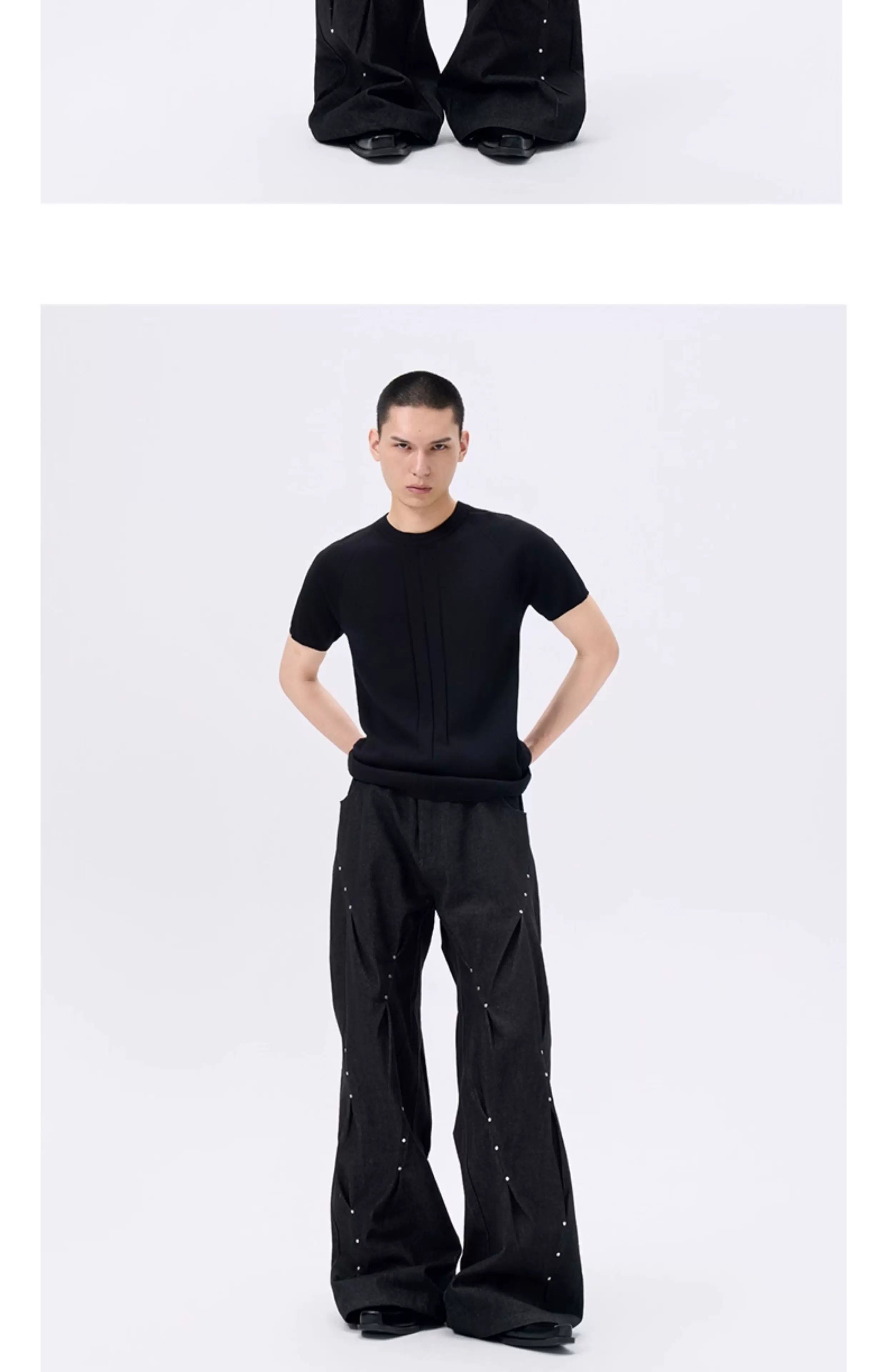 Pleated Wide Leg Raw Denim Jeans