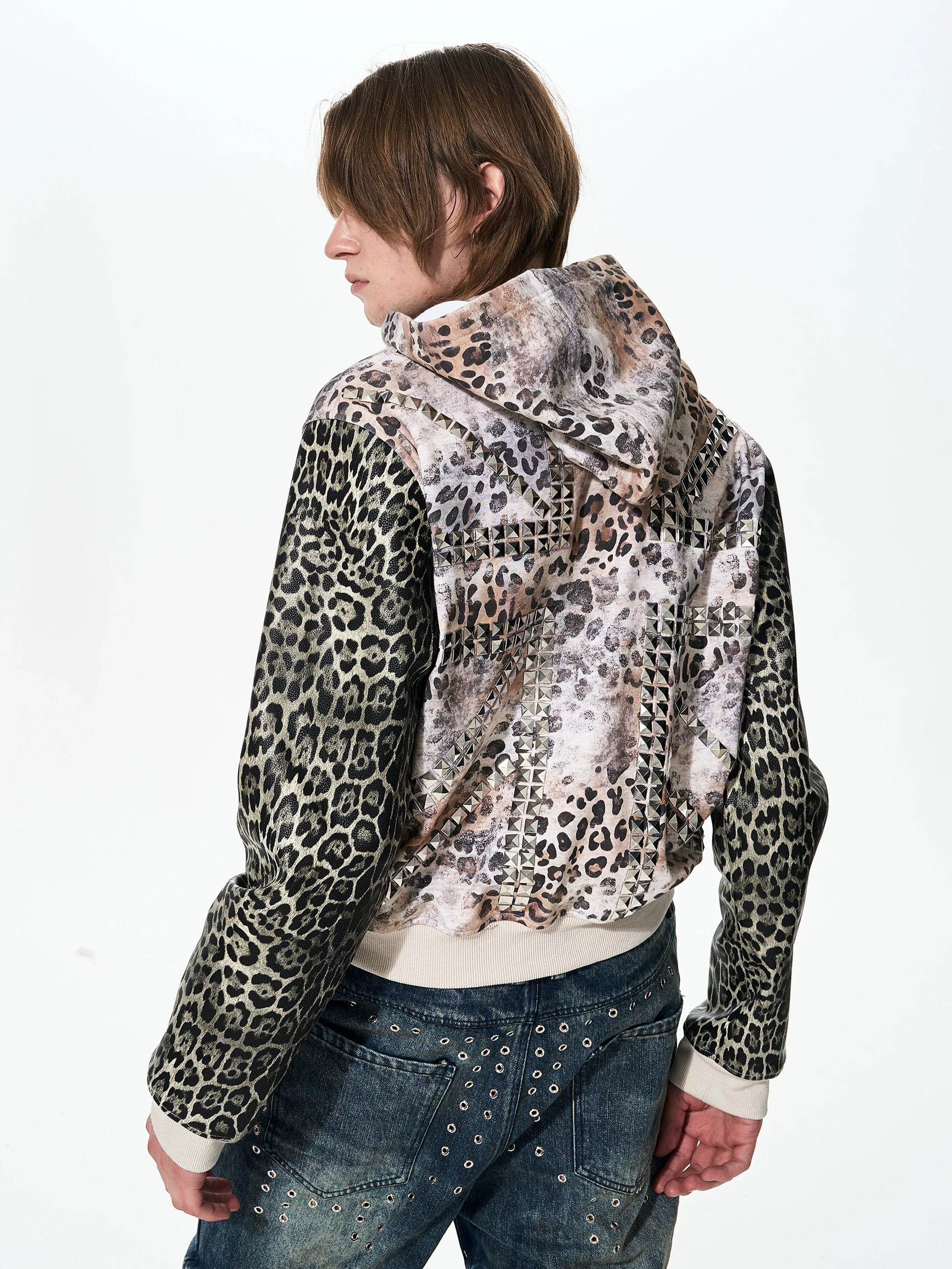 Leopard Patchwork Hooded Rivet Jacket