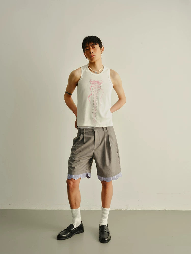 Bow Strap Print Ribbed Tank Top