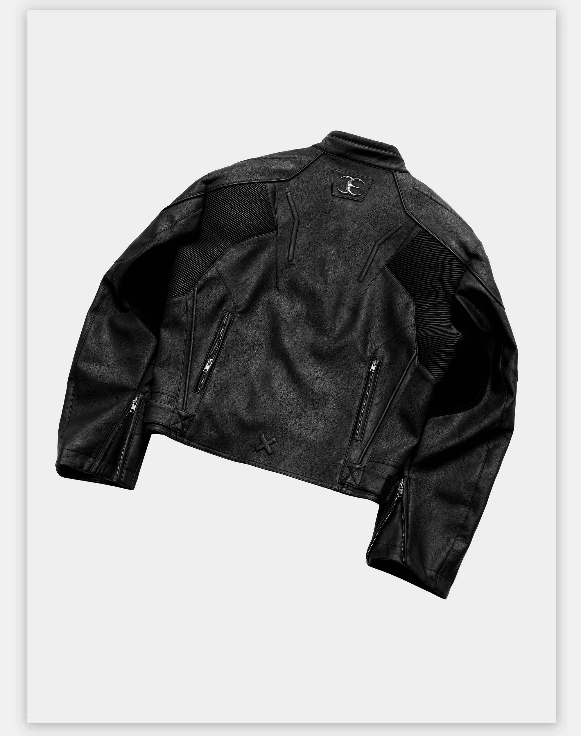 Dark Zip-Up Padded Biker Leather Jacket