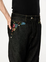 Washed Color-Blocked Floral Jacquard Flare Jeans