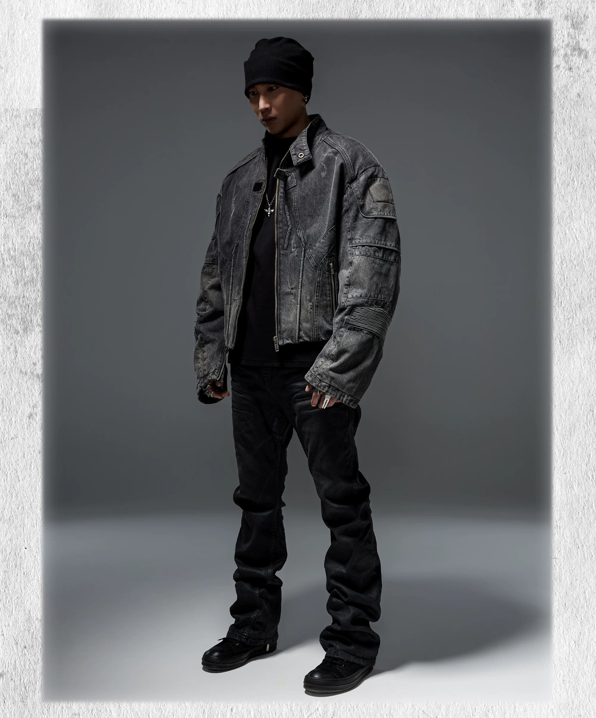 Stacked Curved Coated Waxed Skinny Jeans