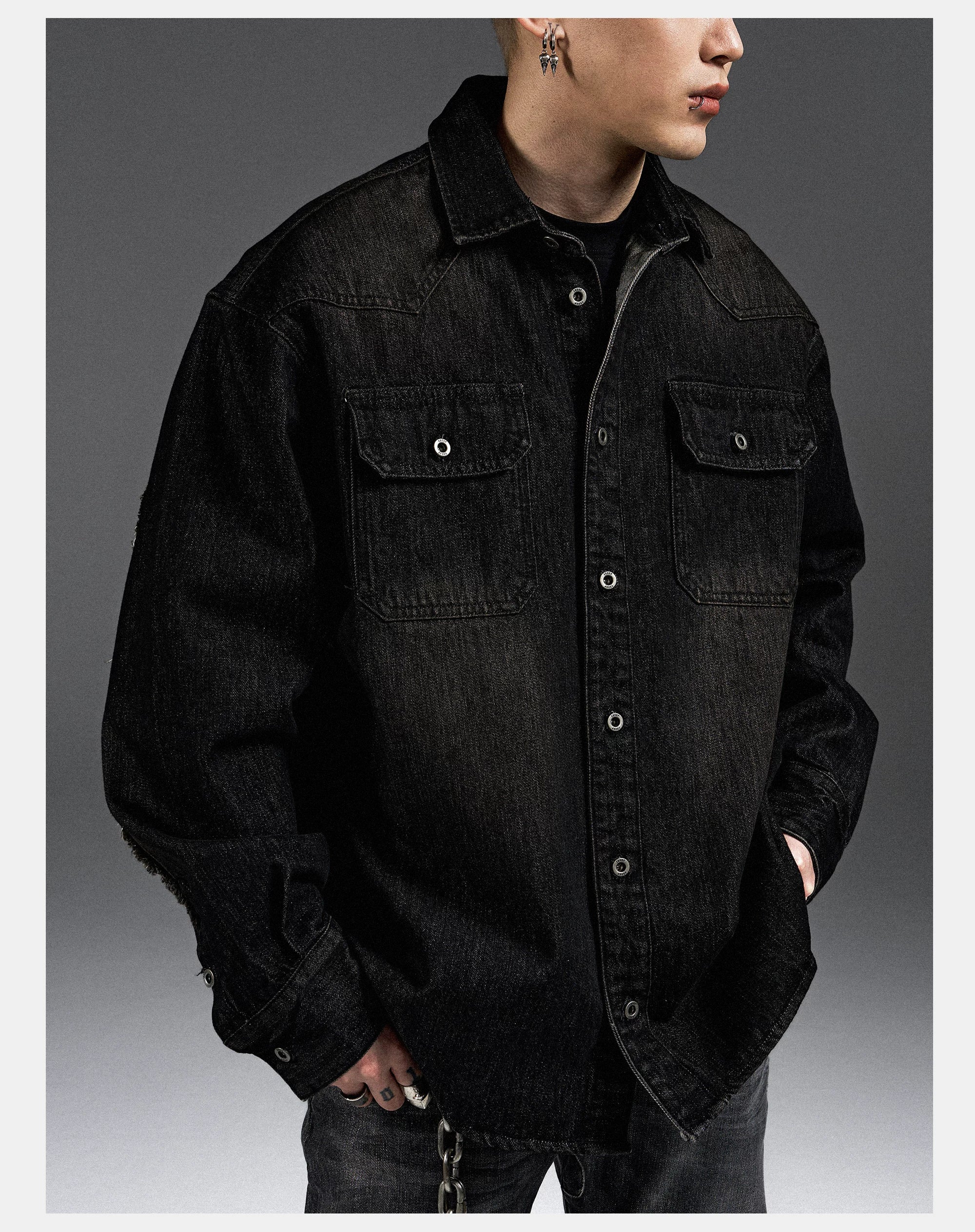 Washed Distressed Patchwork Denim Shirt Jacket