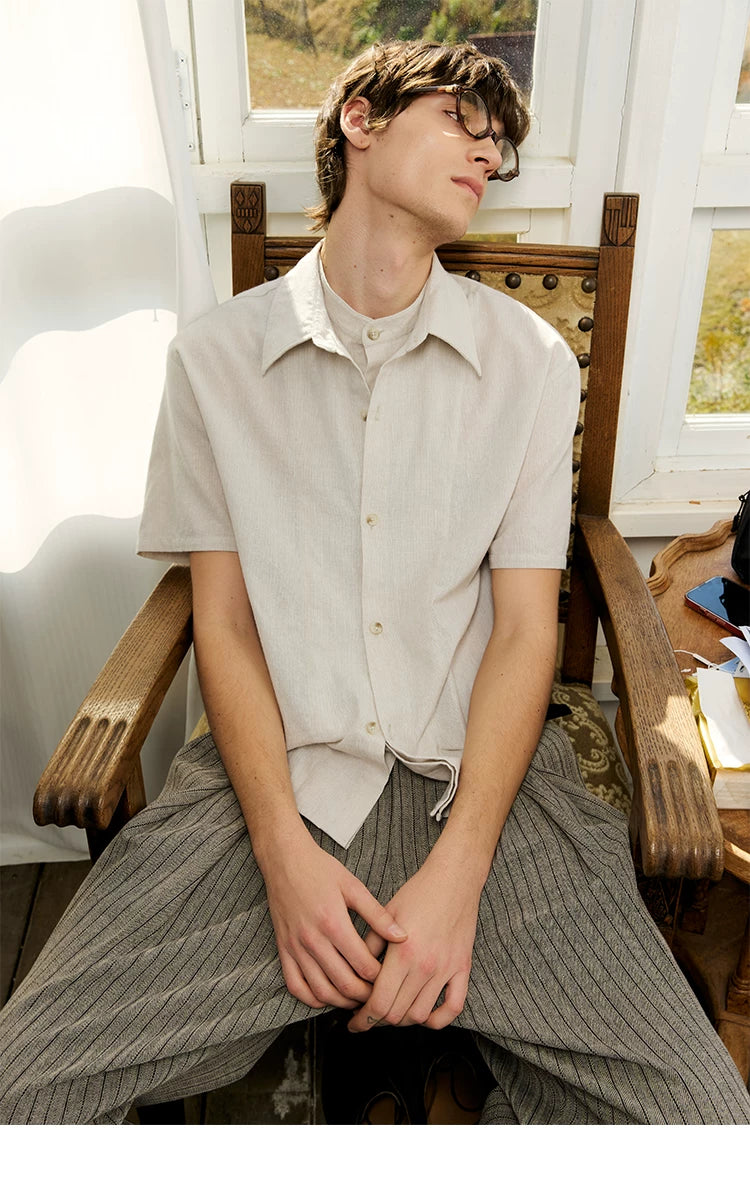 Men's Double-layered Short-sleeved Plaid Linen Shirt