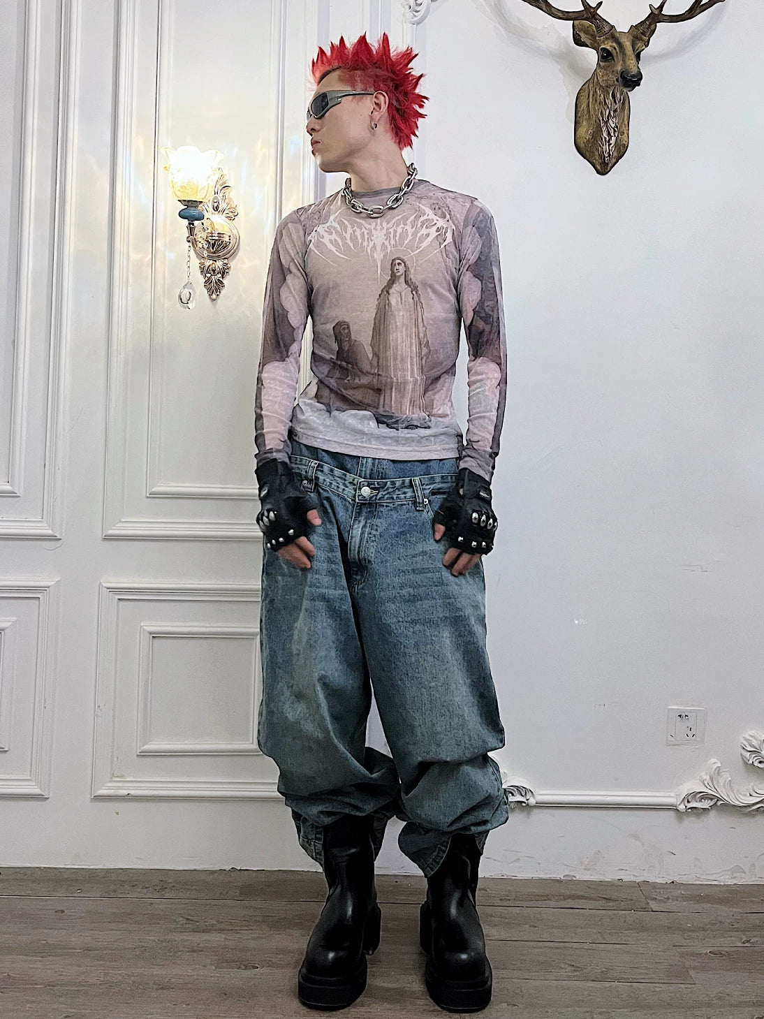 Angel Oil Print Mesh Long Sleeve