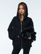 Two-Tone Cross Zip Hooded Turtleneck Cardigan