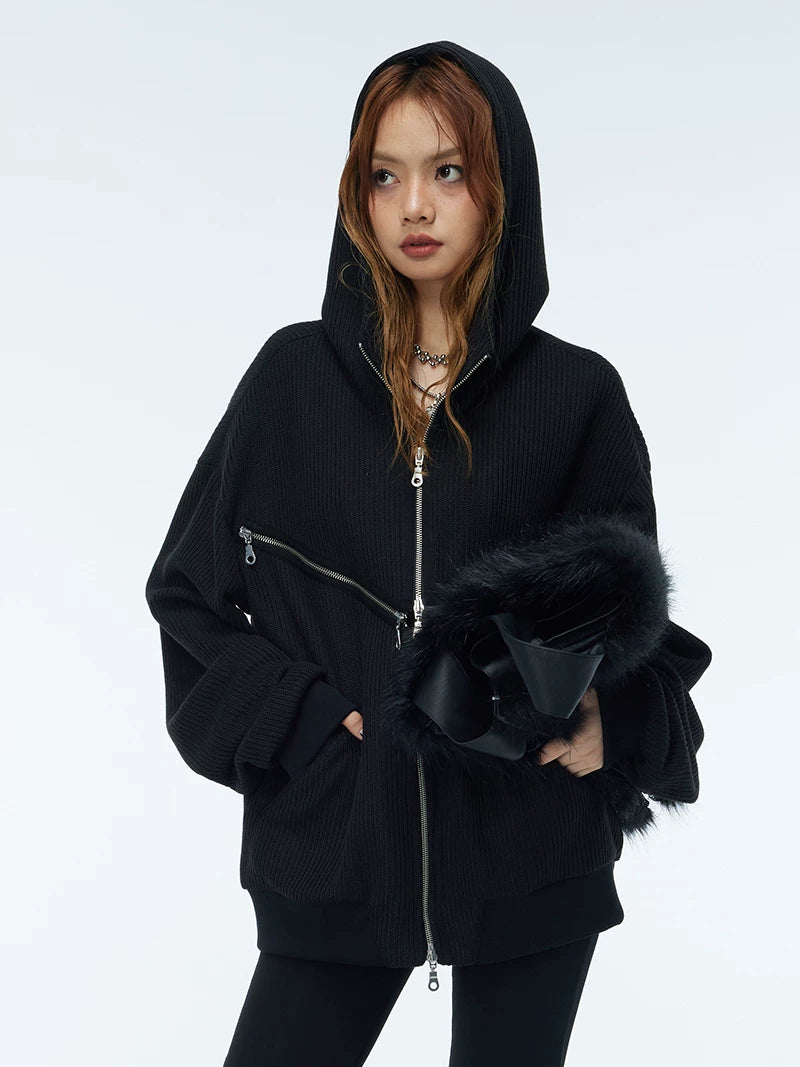 Two-Tone Cross Zip Hooded Turtleneck Cardigan