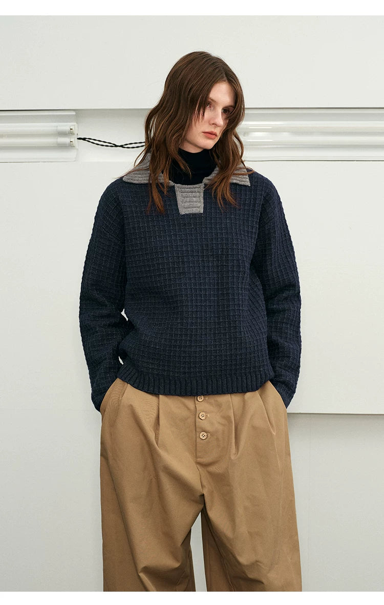 Color Block Collar Waffle Knit Sweater