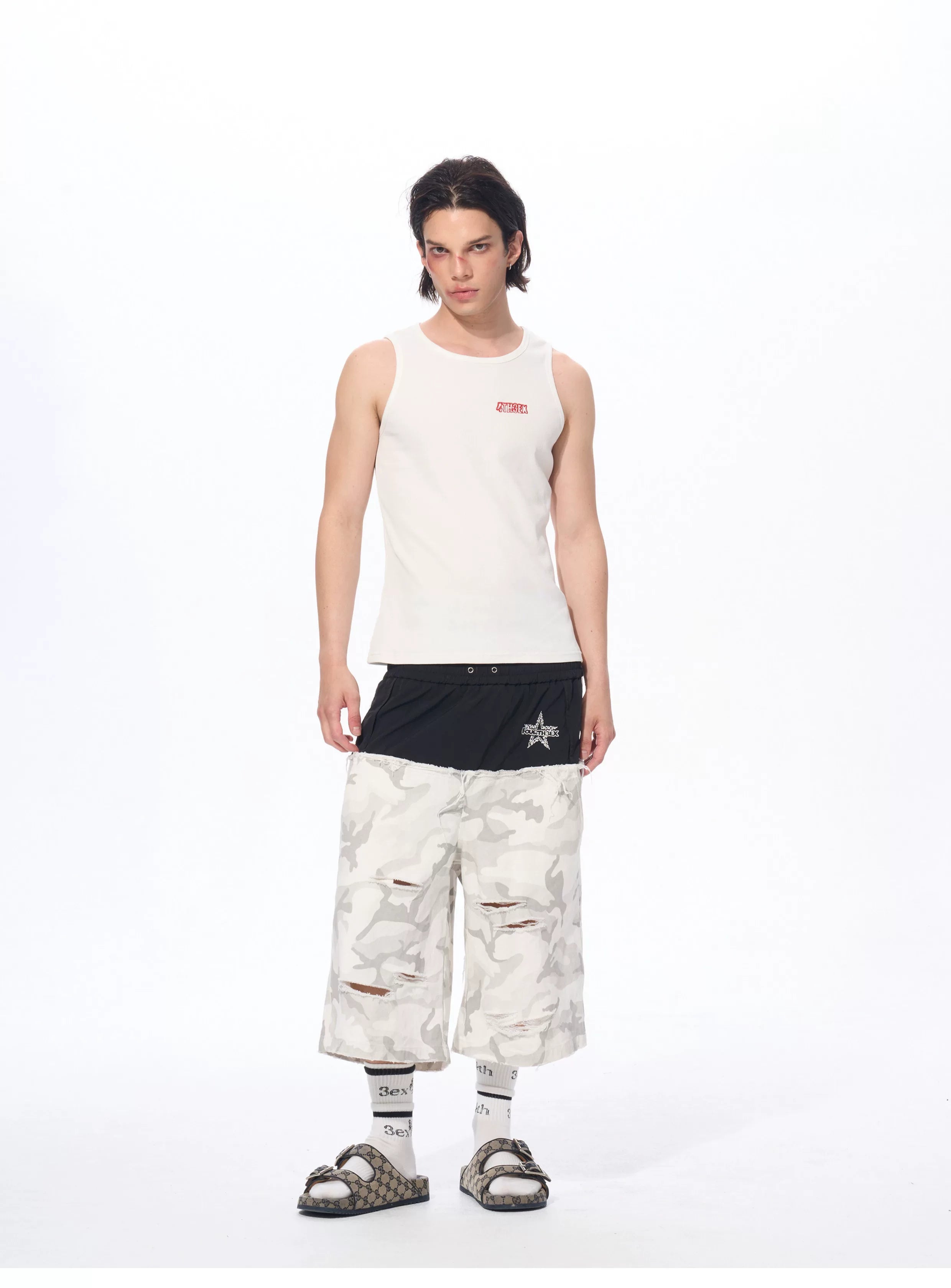 Men's Patchwork Ripped White Camo Pants