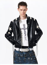 Men's Cropped Star Leather Biker Jacket