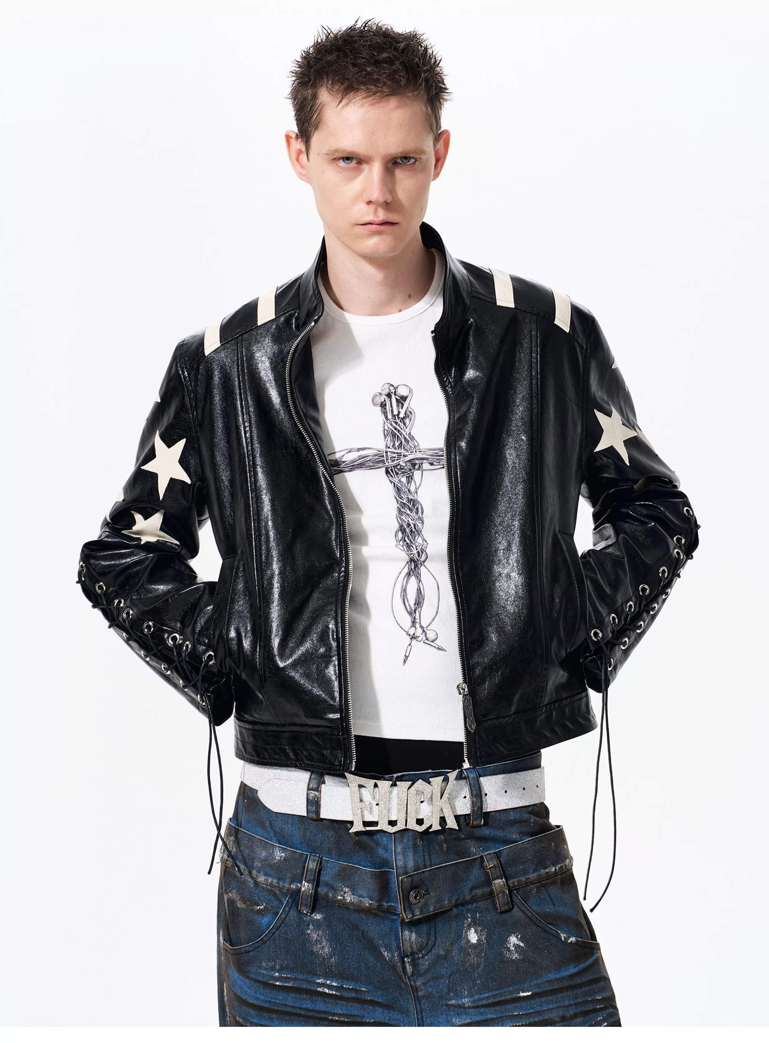 Men's Cropped Star Leather Biker Jacket