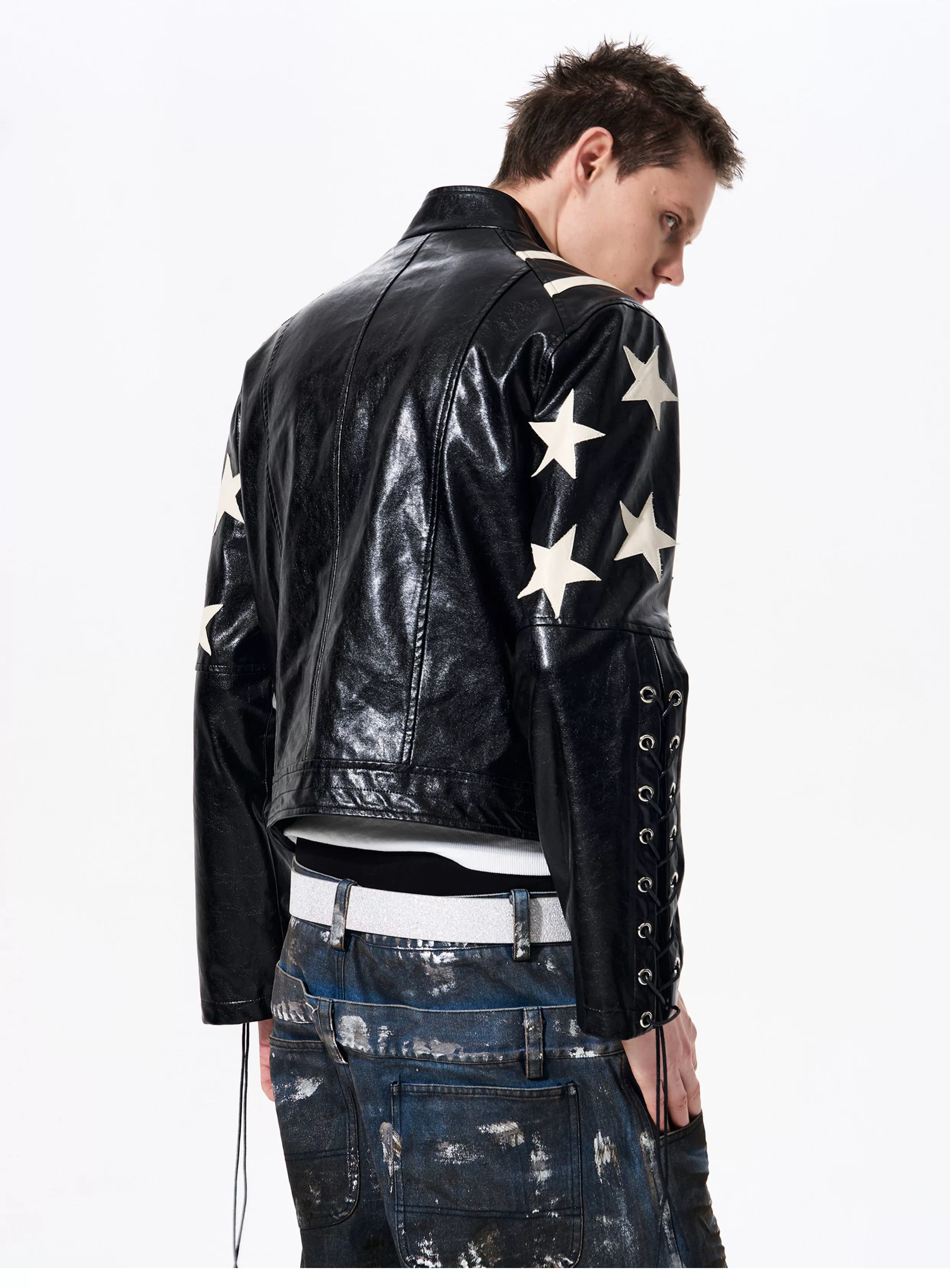 Men's Cropped Star Leather Biker Jacket