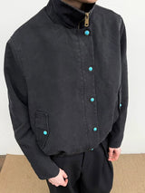 Turquoise Lyocell Wrinkle Stand Collar Jacket