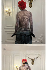 Angel Oil Print Mesh Long Sleeve