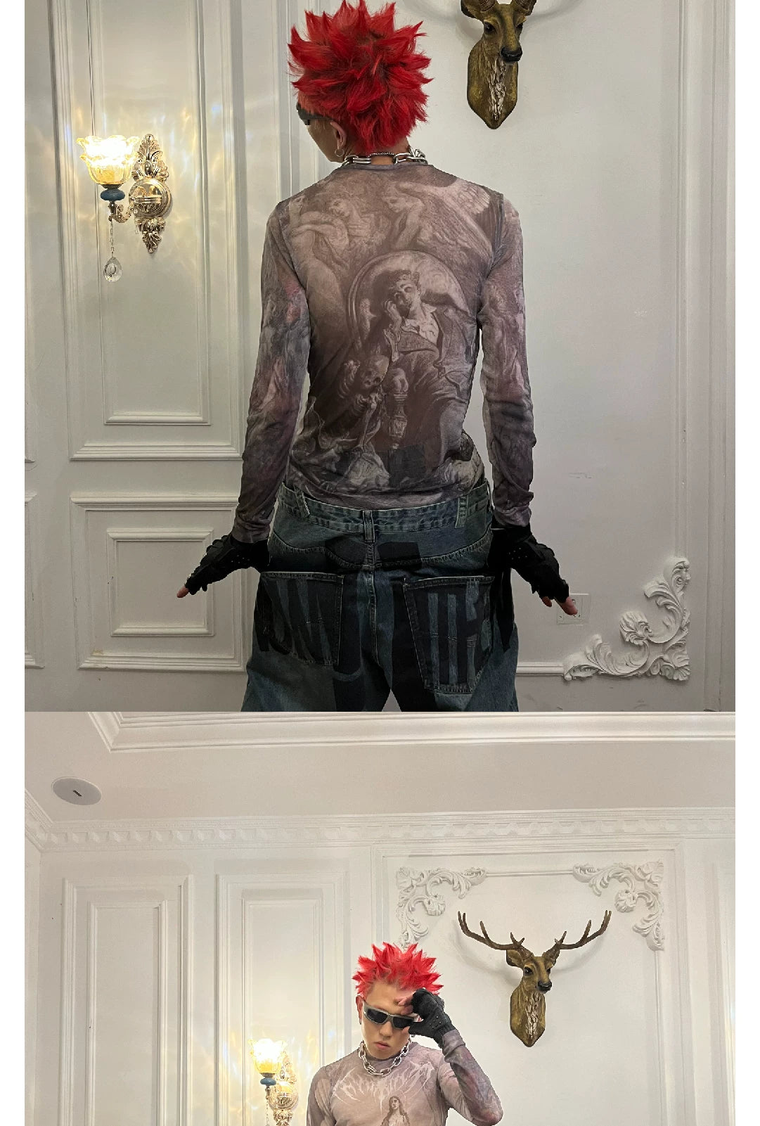 Angel Oil Print Mesh Long Sleeve