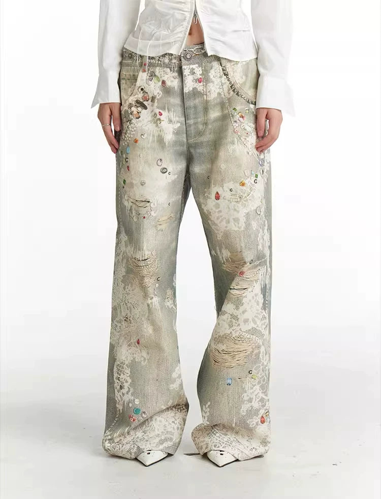 Vintage Digital Lace Print Flare Jeans