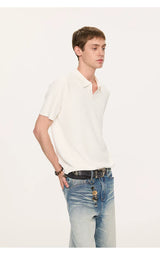 Wheat Jacquard V-Neck Knit Polo Tee