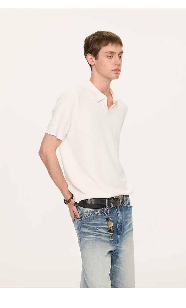 Wheat Jacquard V-Neck Knit Polo Tee