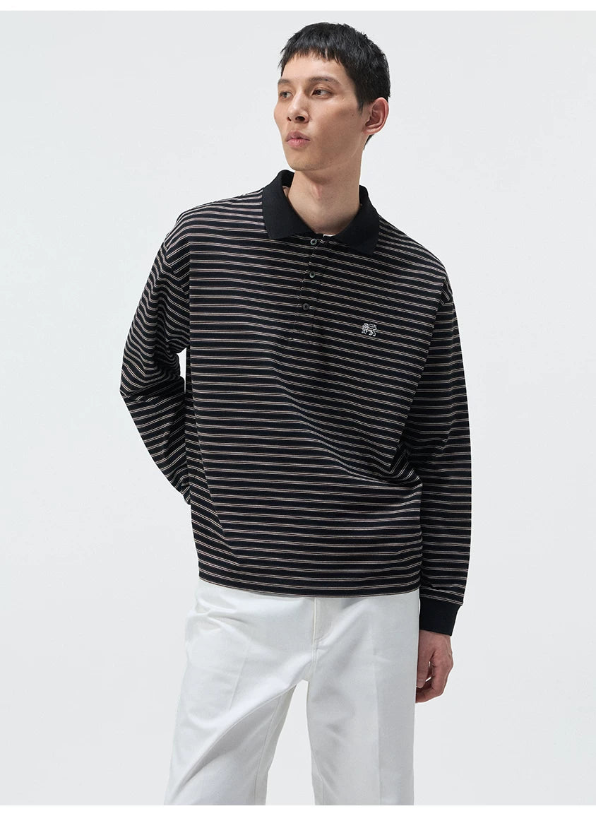 Striped Embroidered Long Sleeve Polo Tee