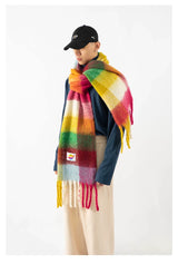 Fringed Rainbow Plaid Faux Cashmere Scarf