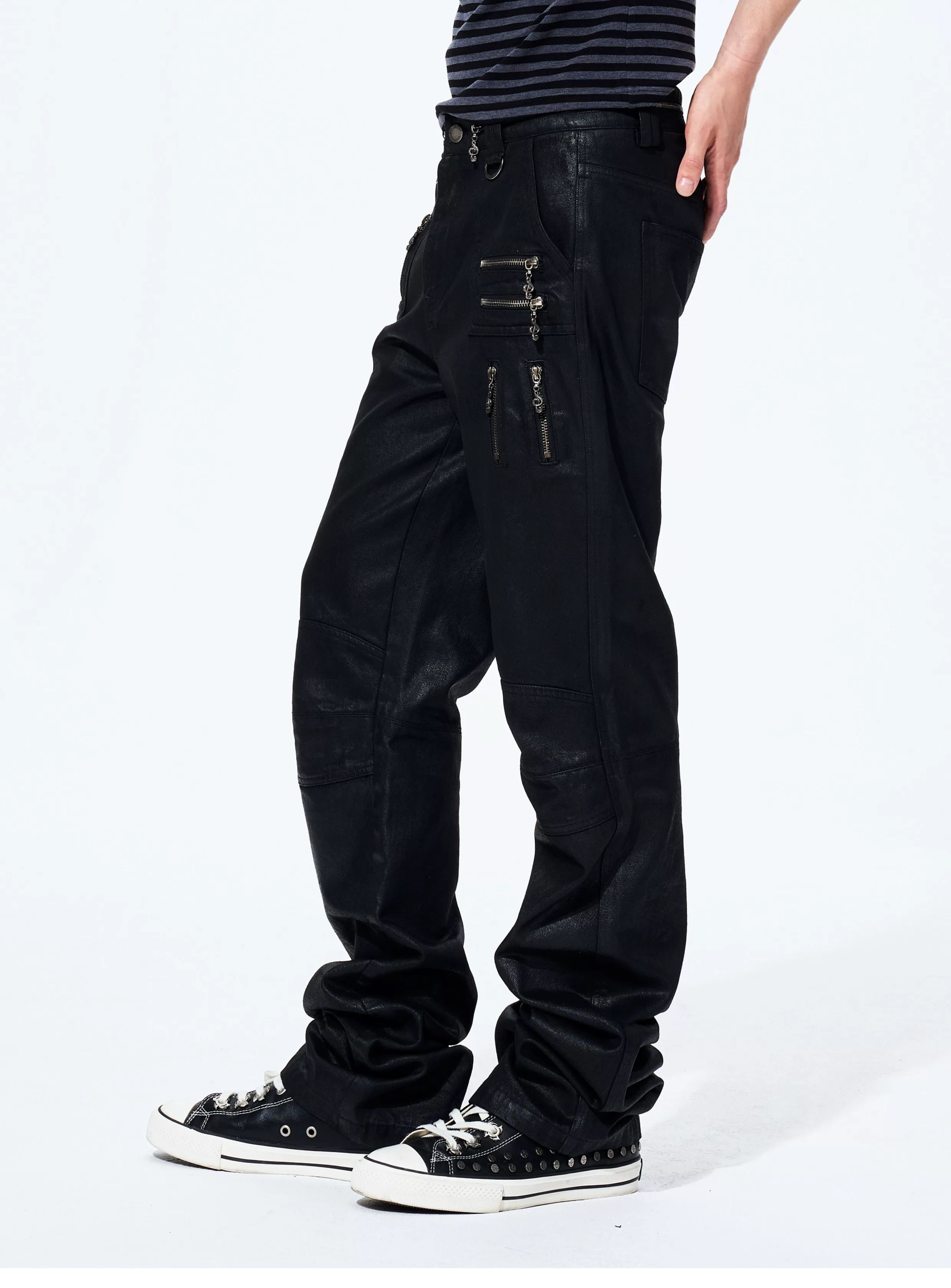Men's Metallic Zip Waxed Straight Jeans