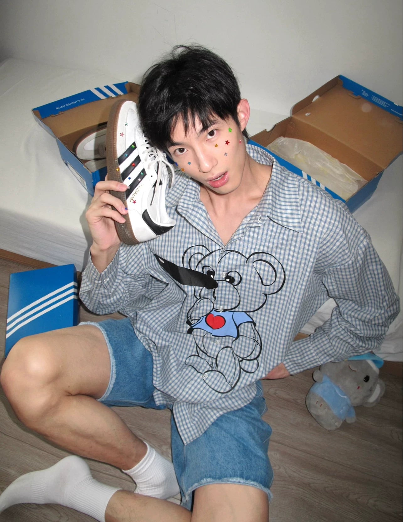 Retro Plaid Pinocchio Bear Print Shirt