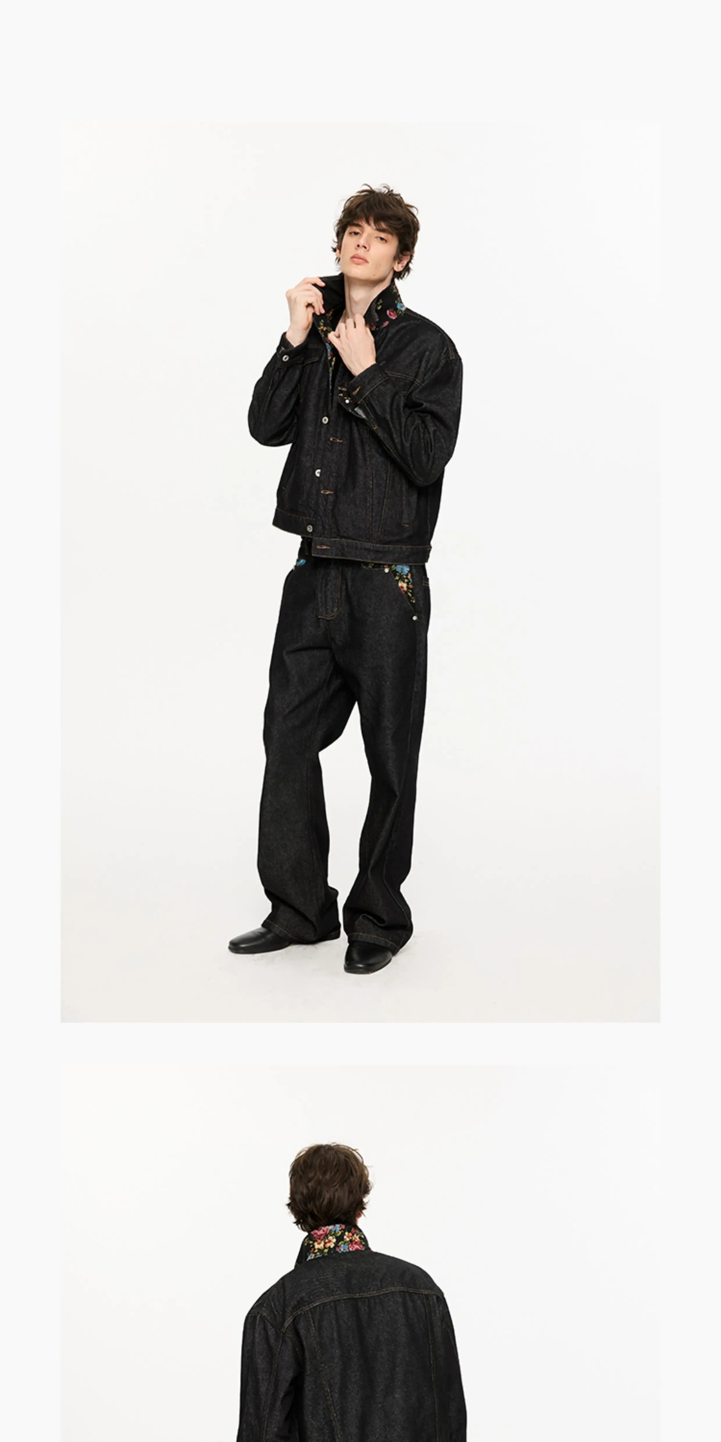 Washed Color-Blocked Floral Jacquard Flare Jeans