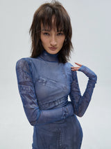 Denim Printed Long Sleeve Mesh Dress