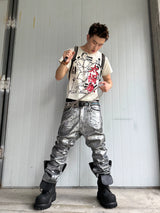 Distressed Silver Coated Embroidered Flared Jeans