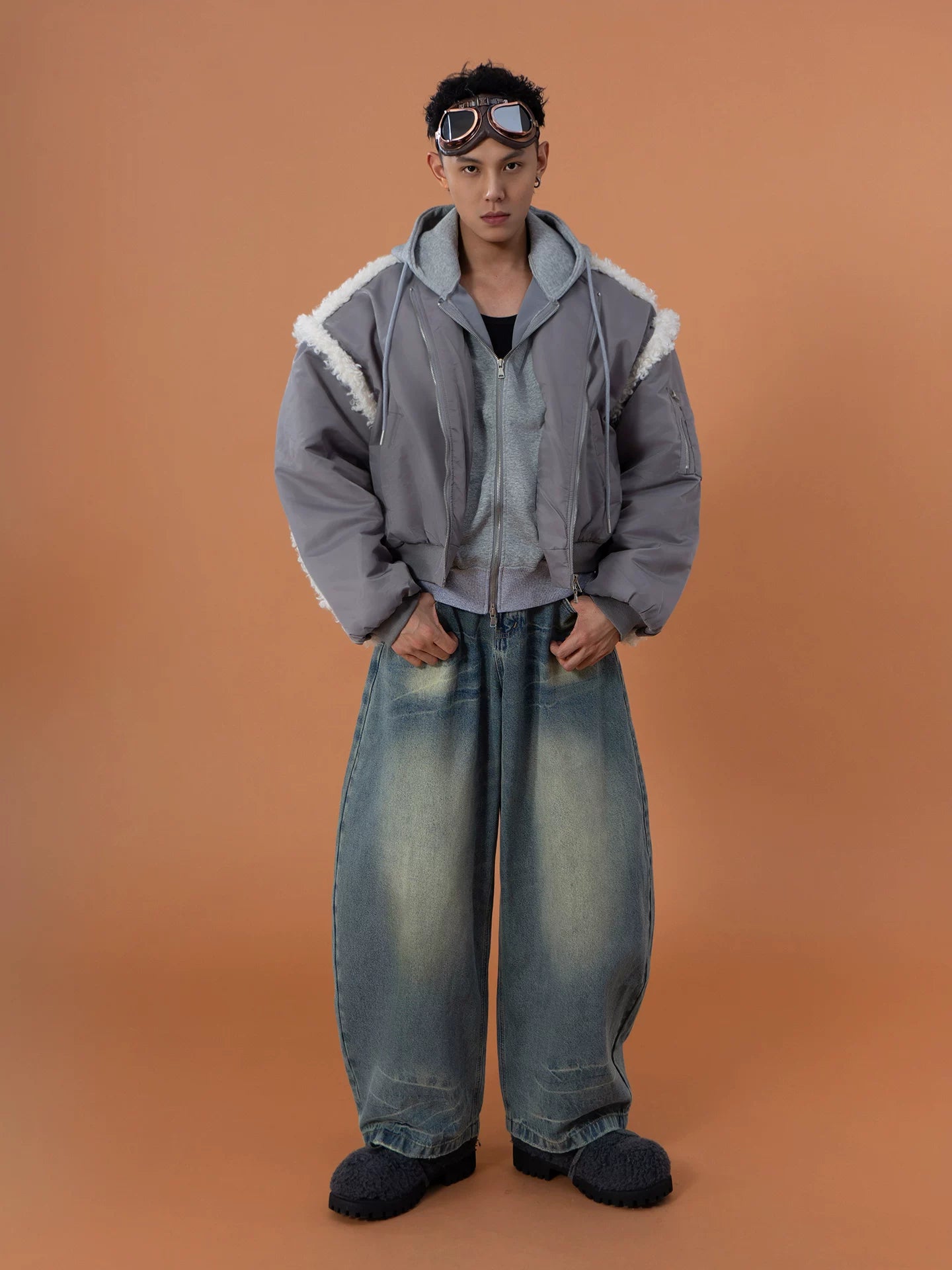 Gray 2-in-1 Hooded Sherpa Bomber Jacket
