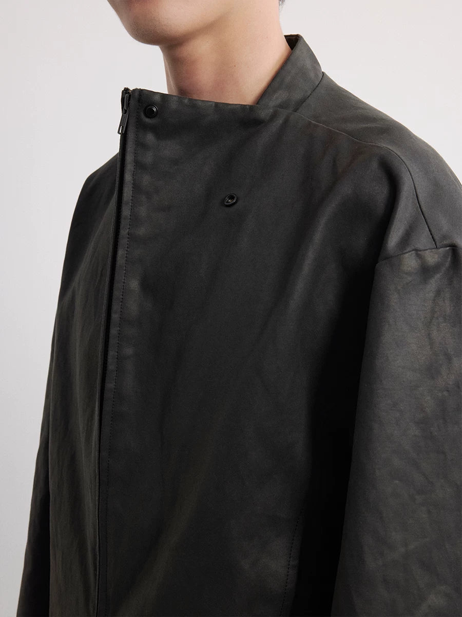 Leather Jacket With Irregular Snap Collar