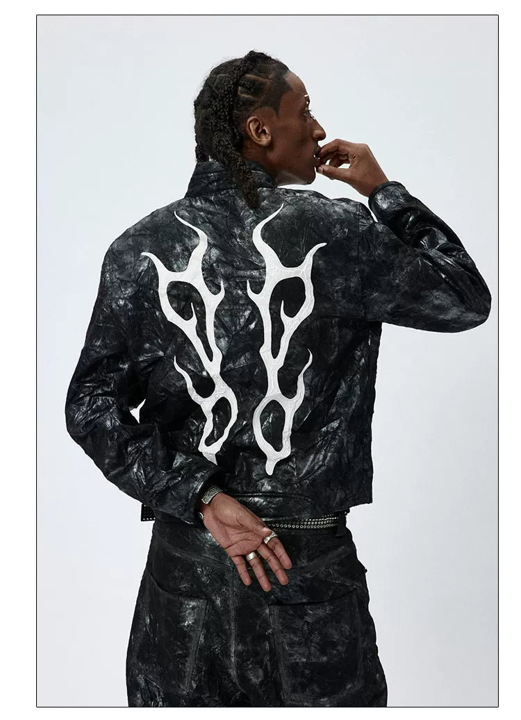 American Printed Pleated Leather Biker Jacket