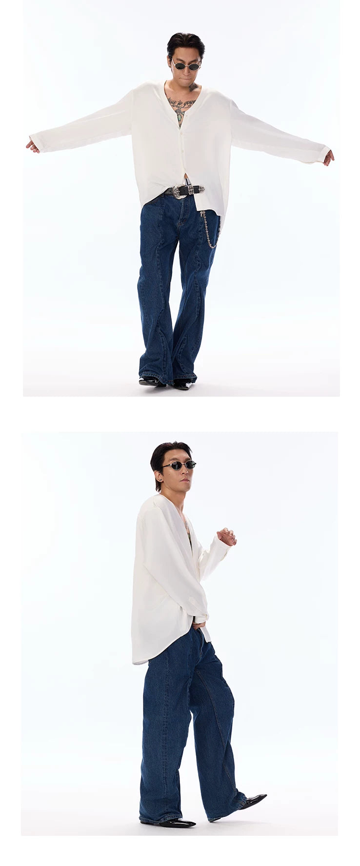 Satin V-Neck Acetate Long-Sleeve Shirt