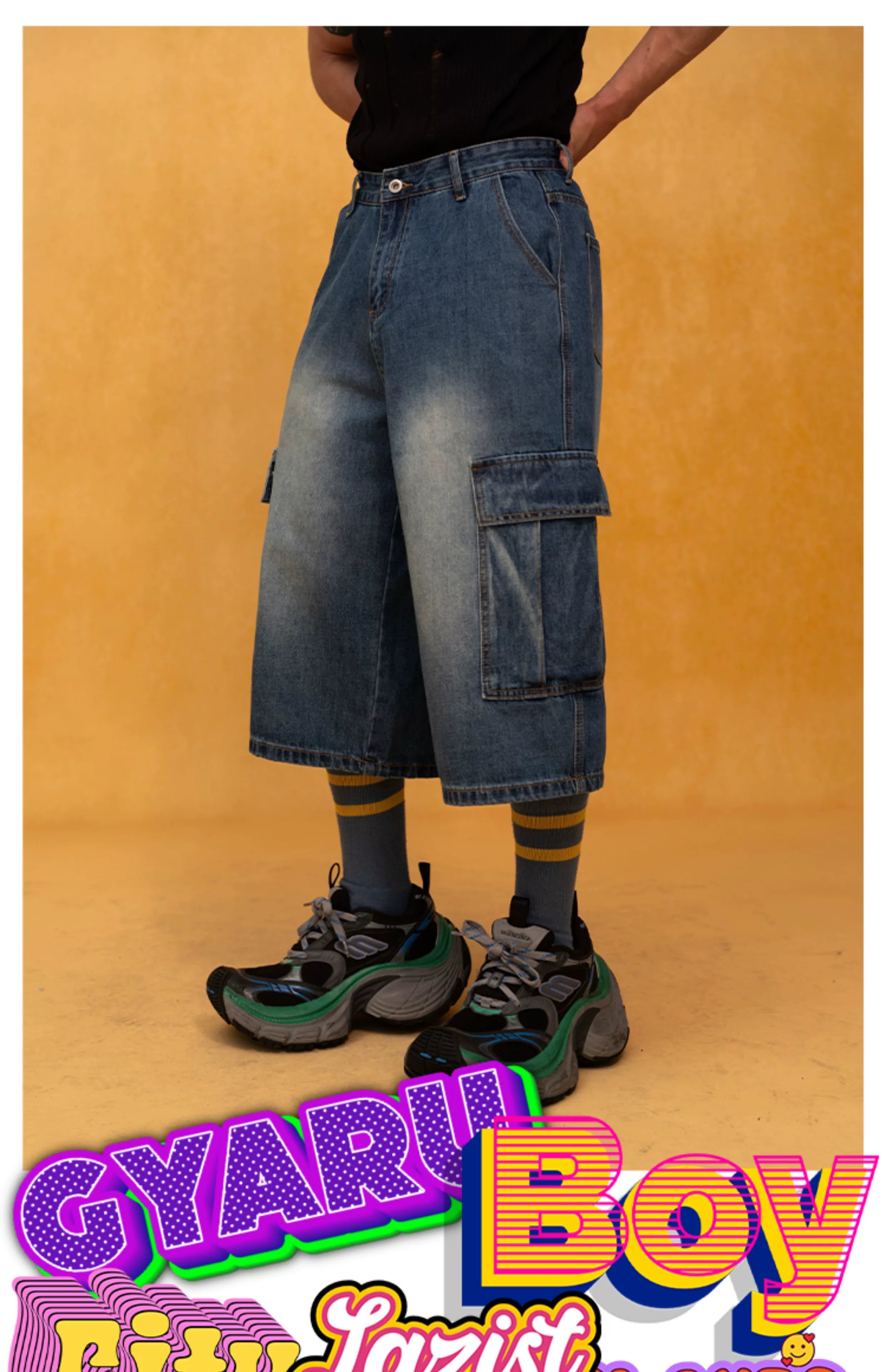 Men's Blue Relaxed Cargo Cropped Jeans