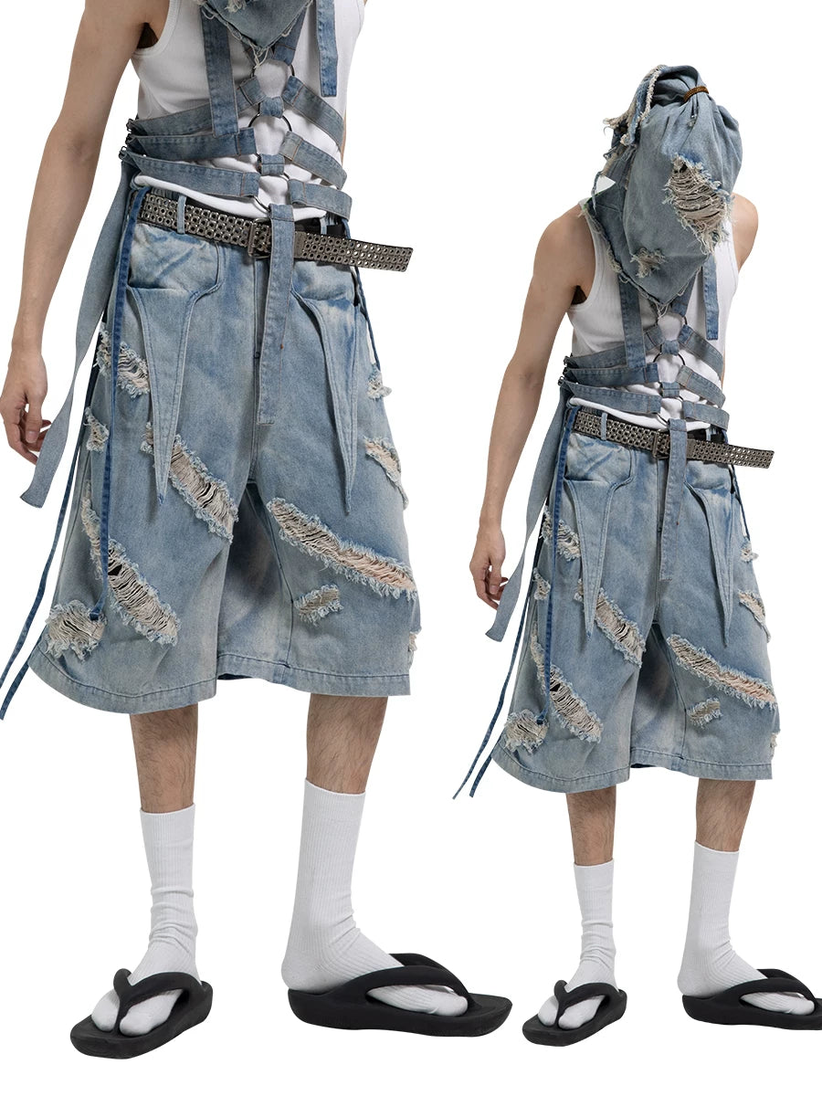 Washed Ripped Denim Shorts with Straps