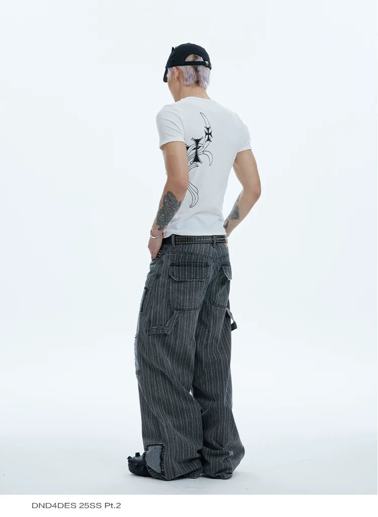 Distressed Striped Patchwork Baggy Work Pants