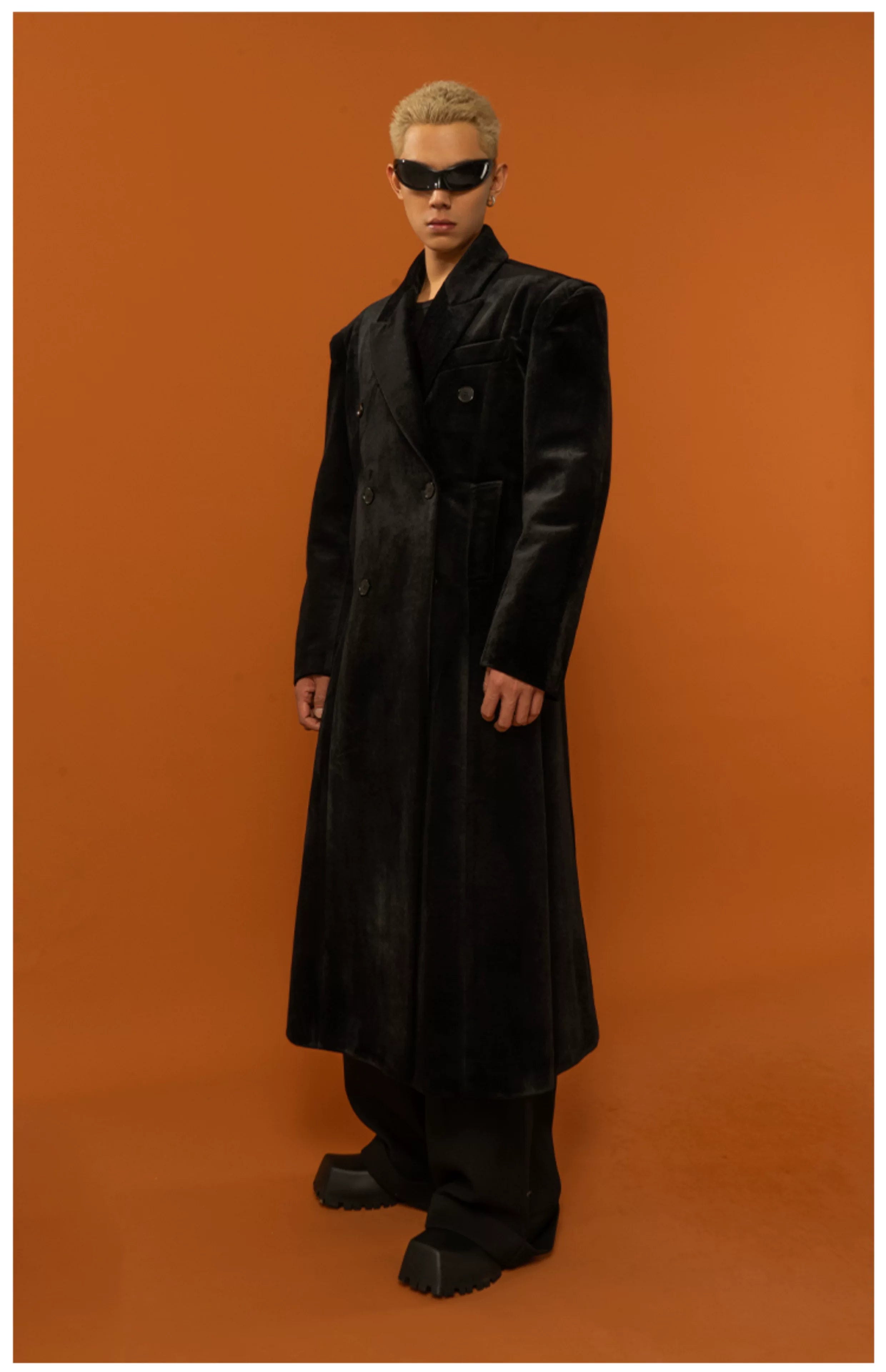 Men's Long Black Velvet Wool Coat